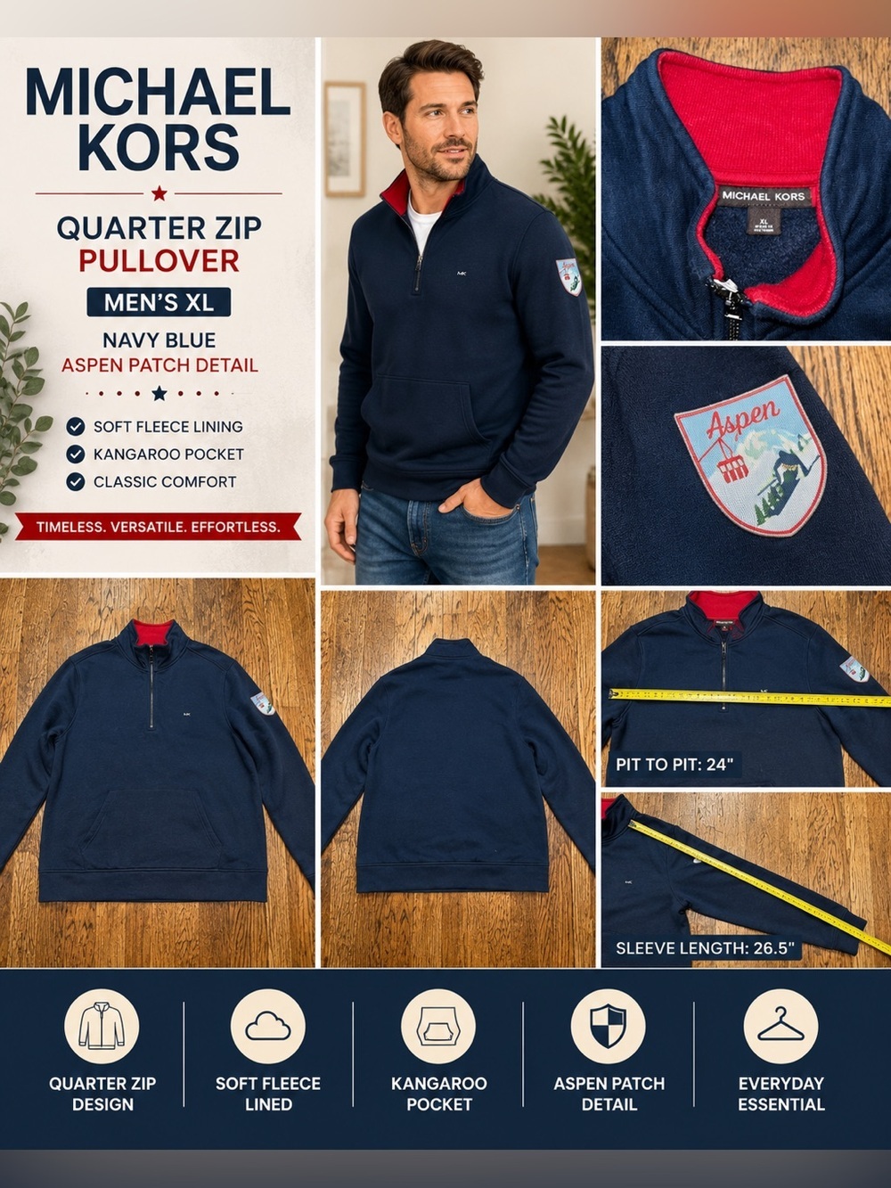 Michael Kors Men’s XL Navy Quarter Zip Pullover Sweatshirt Aspen Patch
